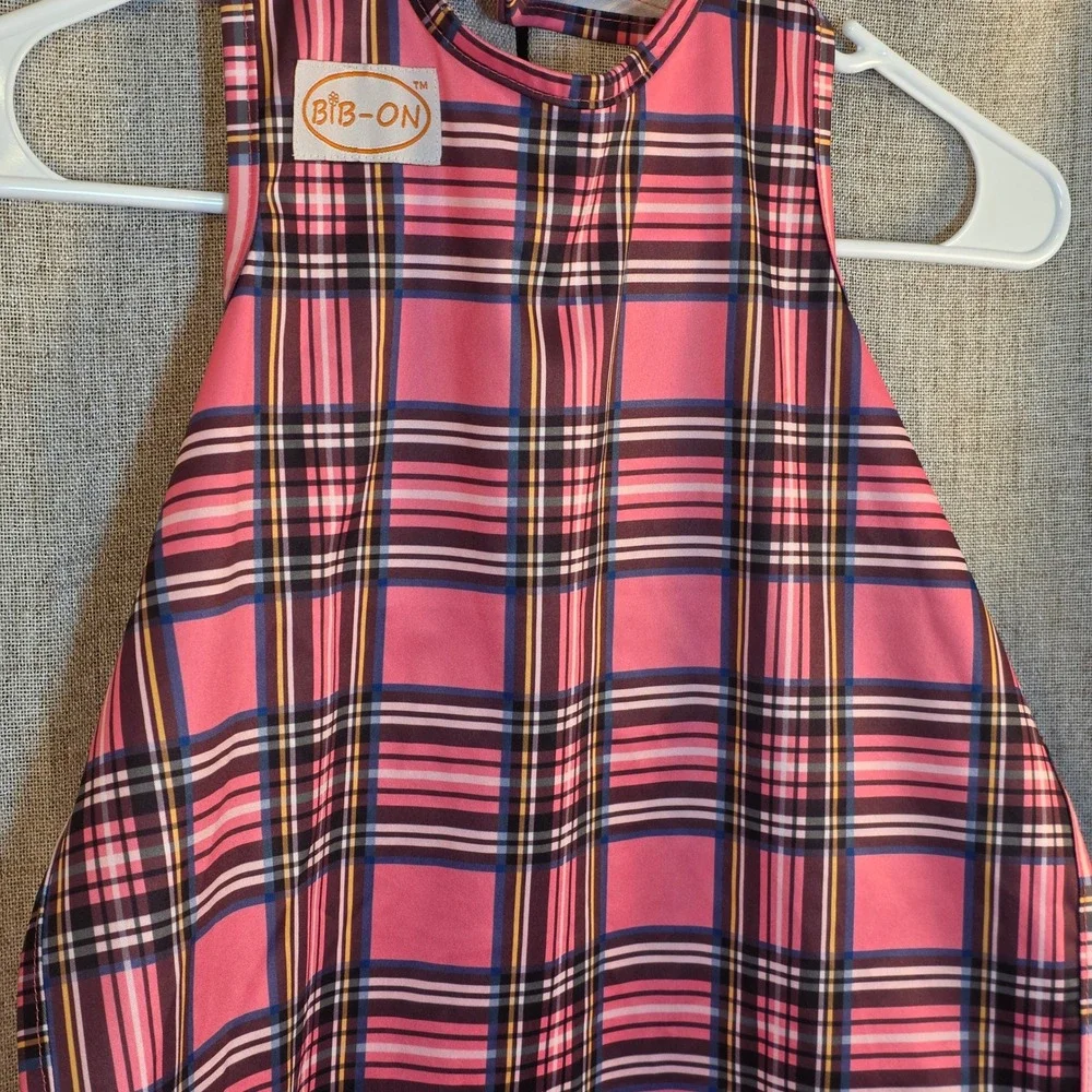 BIB-ON Toddler Full‎ Coverage Bib Apron Pink Plaid Waterproof Polyester Laminate